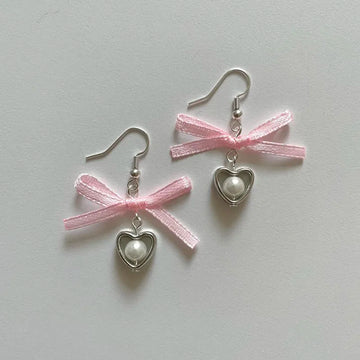 DAIIIBABYYY  -  Pearl heart charm earrings pink ribbon bows Cute fairy